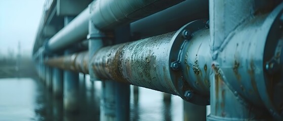 Infrastructure of a propane factory: Close-up of steel pipes and concrete supports in the oil industry. Concept Propane Factory, Steel Pipes, Concrete Supports, Oil Industry, Close-up Shots - obrazy, fototapety, plakaty