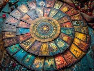 Zodiac tapestry and gypsys Tarot spread, a fateful encounter