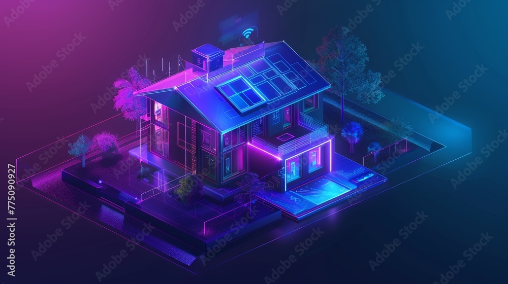 Poster IOT development for smart homes. Digital infrastructure design for houses, scripting for work smart devices, and phone application control for work smart devices through 5G internet.