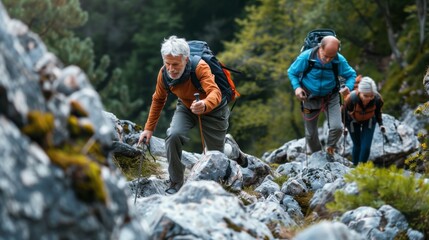 Active lifestyle for seniors climbing rocks in nature with instructor. - obrazy, fototapety, plakaty