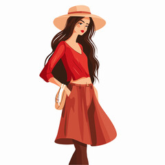 Beautiful young woman in red dress and hat. Vector illustration.