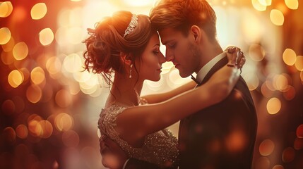 Romantic wedding dance with detailed dress, soft light, bokeh effect, high resolution - obrazy, fototapety, plakaty