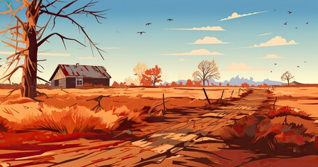 A flat vector illustration of abandoned farm, dried plants and trees, first person view, warm vivid colors - obrazy, fototapety, plakaty