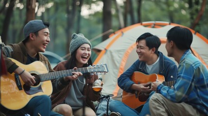Group of Asian friends playing guitars and singing while camping and drinking beer