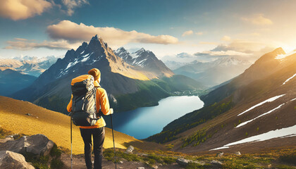 Fototapeta na wymiar hiker in the mountains. Travel to the mountains, hike, adventure, man, summer trip, tourism