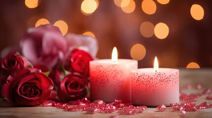 Romantic pink candles with with a bouquet of roses against a passionate background. Candles against bokeh lights background for clean Spa, valentine, wedding theme. Love and Peace.