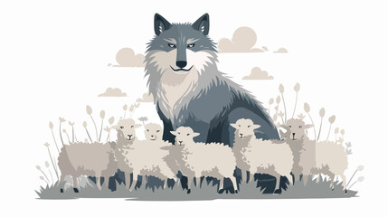 Cartoon wolf with sheep flock flat vector isolated on