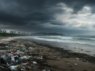 A panoramic view of a coastal area polluted with plastic waste, trash strewn across the beach, and dark clouds overhead. Environment pollution.