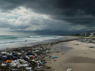 A panoramic view of a coastal area polluted with plastic waste, trash strewn across the beach, and dark clouds overhead. Environment pollution.