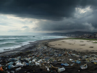 A panoramic view of a coastal area polluted with plastic waste, trash strewn across the beach, and dark clouds overhead. Environment pollution