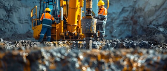 Workers in uniforms and helmets operate a drilling rig to construct an artesian well and storm sewer system. Concept Construction, Drilling Rig, Artesian Well, Storm Sewer System, Workers in Uniforms - obrazy, fototapety, plakaty