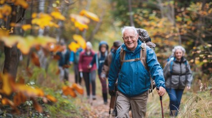 In a hike with tourists, people and elderly, active outdoors in a park, fitness and fun in a park, senior citizens and exercise group trekking in Boston. Diversity, friends and happiness with hiking,