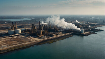 An industrial coastline with factories spewing pollution into the water, creating a toxic haze. Air pollution.