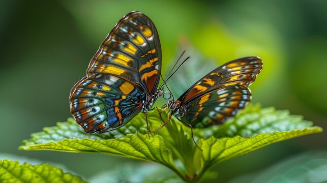 Macro photo of vibrant butterflies mating on leaf with detailed antennas and vivid patterns