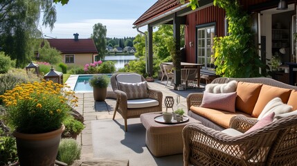 Imagine a beautifully designed terrace adjacent to a charming Swedish house, the focus of a professional photo