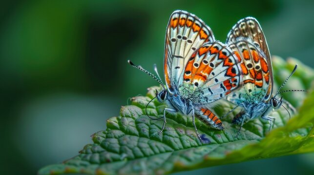 Macro photo of butterflies mating on leaf with vibrant patterns and interlocked antennas in focus
