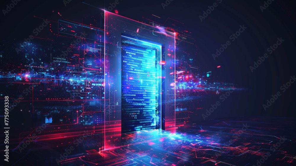 Poster The abstract door in the tunnel reflects digital data center light signals. Future computer technology concept of the cyber gate in the metaverse. Fantasy cyber door or portal in the data center.