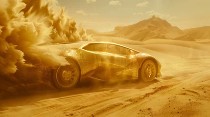 Fotobehang Golden car appearing from golden desert sand dust clouad © shumail