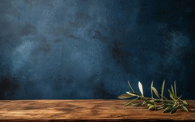 Vibrant olive branch on a wooden surface, with the backdrop of a deeply hued blue wall, offering a sense of freshness.