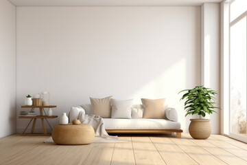 Fototapeta na wymiar Cozy living room interior with table and panoramic window empty wall