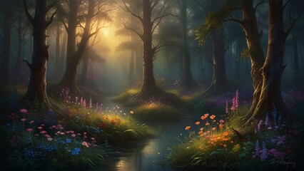 In the heart of an enchanted forest, intricately glowing flowers bloom with an otherworldly brilliance. Each petal radiates a soft, ethereal light, casting a magical glow over the surrounding trees.