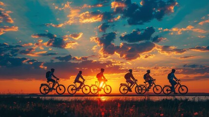 Sporty company friends riding bicycles outdoors at sunset. Silhouette image.
