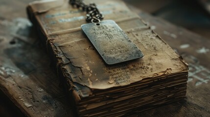 A close-up of a worn military tag (dog tag) resting on the aged pages of a prayer book, invoking a sense of solemnity and reflection. Yom HaZikaron Day of Remembrance.