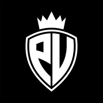 recommend clip art: PU Letter monogram shield and crown outline shape with black and white color design