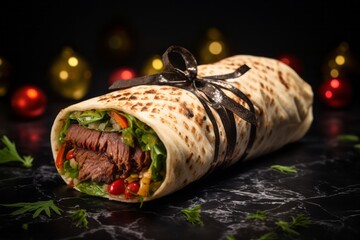 Tasty kebab on a slate plate against a patterned gift wrap paper background