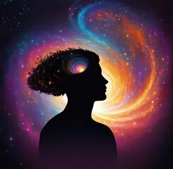 human silhouette with a galaxy swirling within the mind, vector illustration, generative AI 