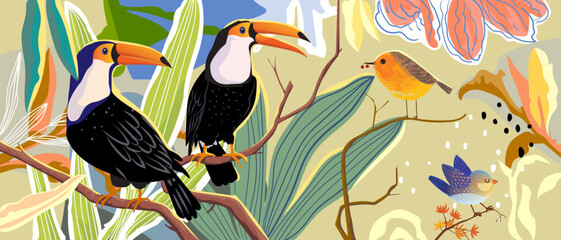 Tropical toucan birds on branch, forest on background hand drawn vector illustration.