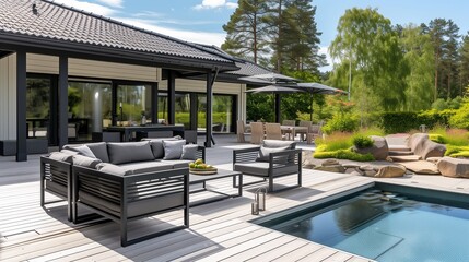 luxery Imagine a beautifully designed terrace adjacent to a charming Swedish house, the focus of a professional photo shoot aimed at showcasing exquisite outdoor furniture and terrace designs. 