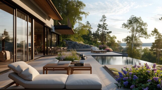 luxery Imagine a beautifully designed terrace adjacent to a charming Swedish house, the focus of a professional photo shoot aimed at showcasing exquisite outdoor furniture and terrace designs. 