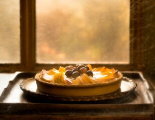 warm fruit tart on antique tray in warm sunlight