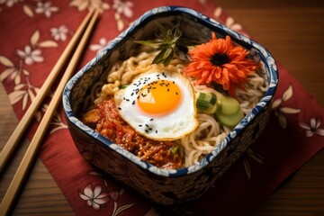 Juicy ramen in a bento box against a patterned gift wrap paper background