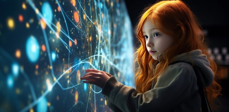 A Person interacts with holographic technology, manipulating a virtual 3D interface with her hand in a dimly lit digital space. Generative AI.