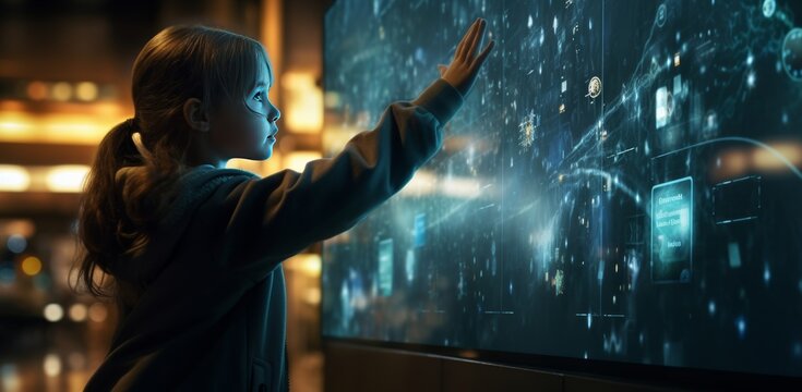 A Person interacts with holographic technology, manipulating a virtual 3D interface with her hand in a dimly lit digital space. Generative AI.