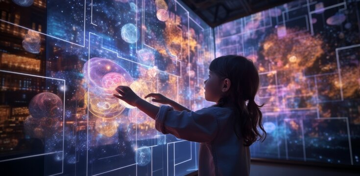 A Person interacts with holographic technology, manipulating a virtual 3D interface with her hand in a dimly lit digital space. Generative AI.
