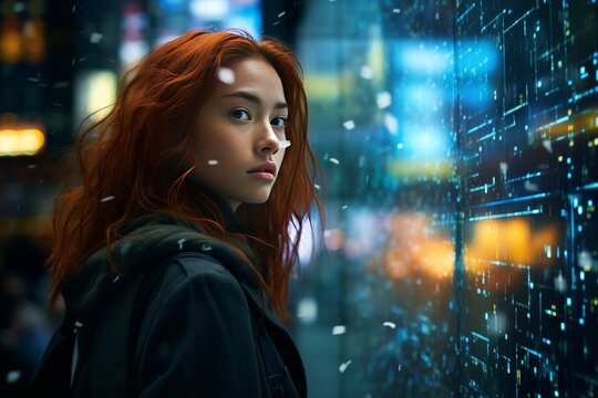 A Person interacts with holographic technology, manipulating a virtual 3D interface with her hand in a dimly lit digital space. Generative AI.