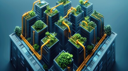 A 3D rendered mockup of a group of skyscrapers in blue, marking the paths and pipes going up the buildings in neon yellow, plants on the way, futuristic and technological style. Generative AI.