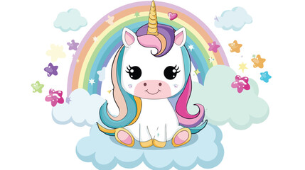 Cute Cartoon baby unicorn with clouds and rainbow