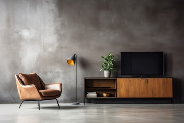 Living room interior have cabinet for tv and leather armchair in cement room with concrete wall - obrazy, fototapety, plakaty