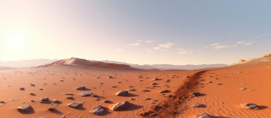 Landscape on Planet Mars. Footprints of the rover after crossing a dune on the red planet