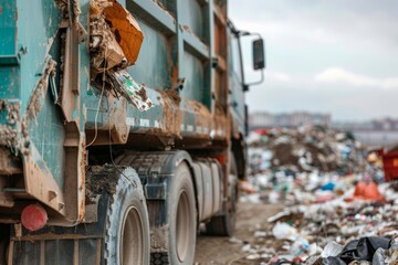 Garbage truck unloading waste at a landfill site, environmental pollution concept