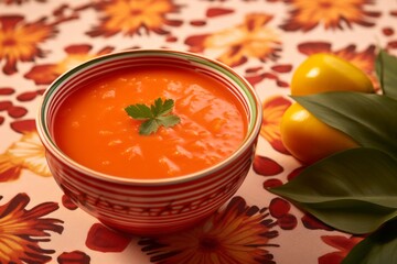 Hearty gazpacho on a palm leaf plate against a patterned gift wrap paper background