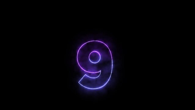 Number 9 Neon Animation on a black background. Purple and Blue neon animation.