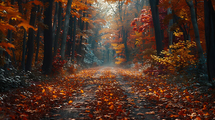 Autumn leaves ablaze with color along a forested pathway - obrazy, fototapety, plakaty