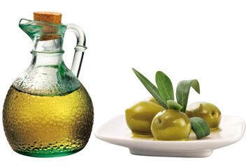 pote com azeitonas verdes cozidas acompanho de garrafa com azeite isolado em fundo transparente