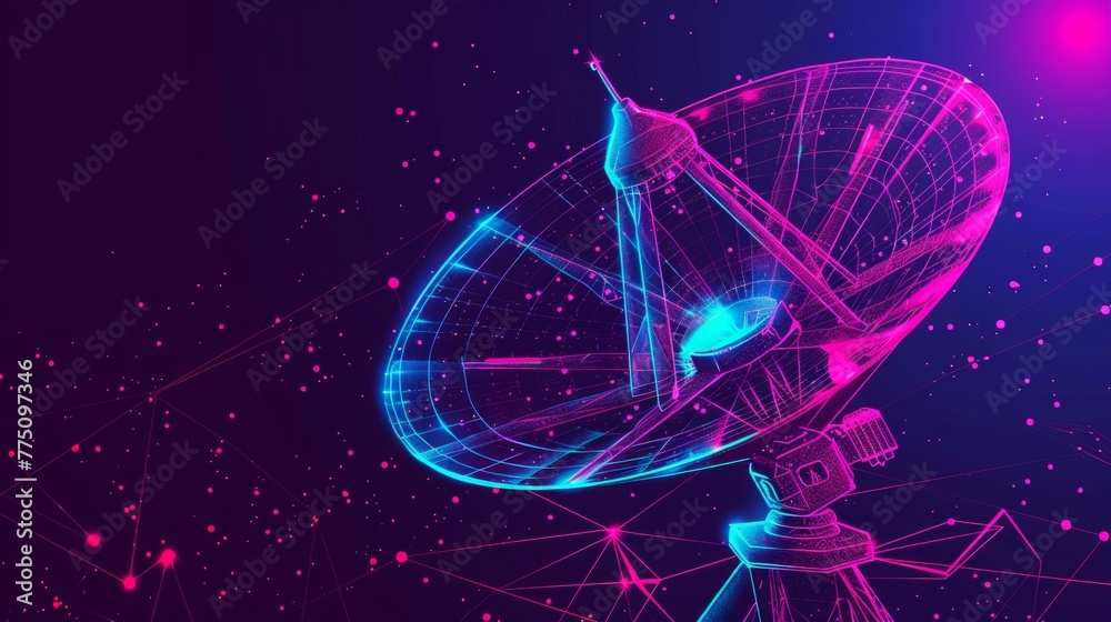 Aufkleber Large satellite dish transmitting and receiving a signal from space. Satellite TV and radio broadcasting equipment. Radio waves propagate in space. Linear technological background.