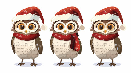Cute owl cartoon wearing a scarf and santa hat flat vector